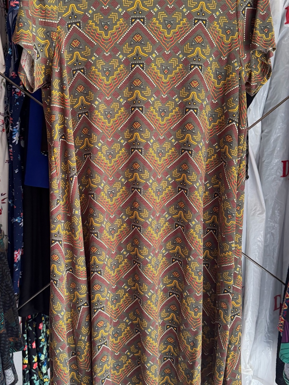LuLaRoe Maxi Dress in Brown, Mustard, and Rust Tribal Chevron